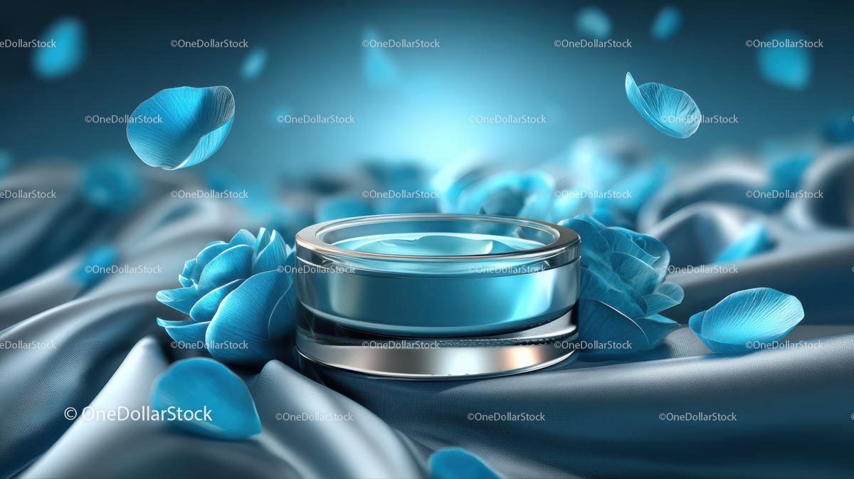 Luxury Blue Cosmetic Jar Surrounded by Elegant Floral Accents