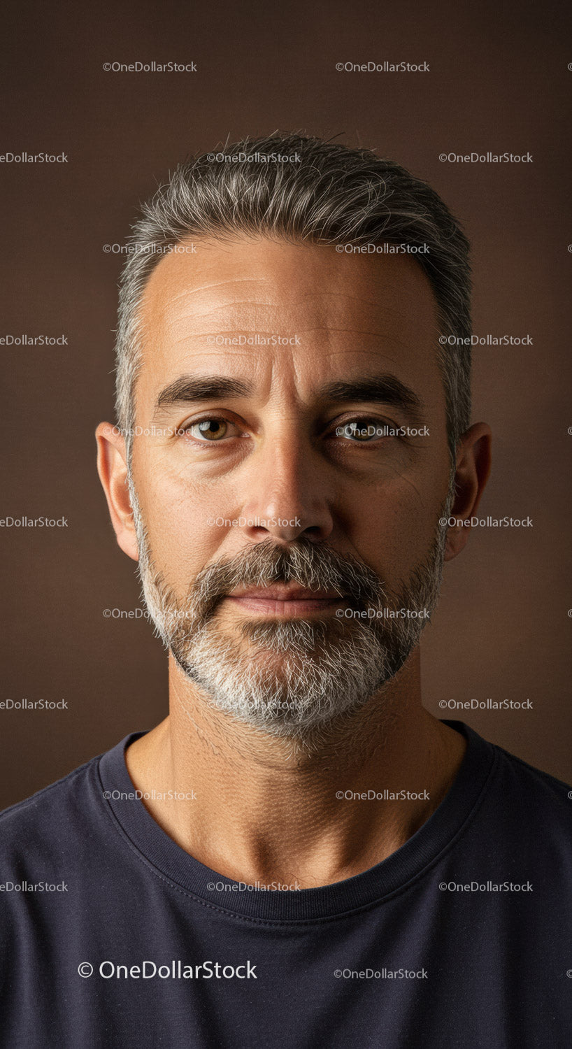 Portret z bliska pewnego siebie mężczyzny w średnim wieku z siwymi włosami