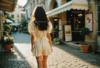 Woman in White Dress Walking on Cobblestone Street in Sunlit Urban Scene