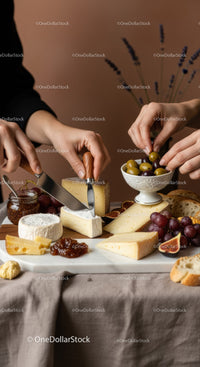Gourmet Cheese Platter with Grapes and Fig on Rustic Table