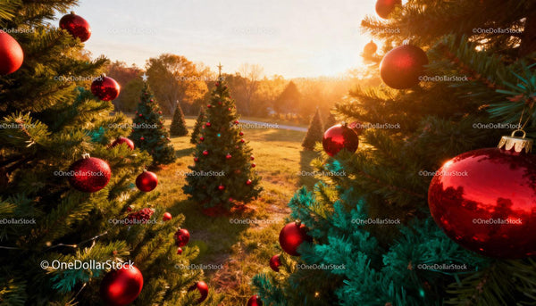 Sunlit Christmas Trees Decorated with Red Ornaments