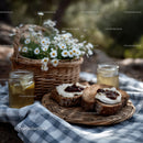 Outdoor Picnic with Fresh Baked Bread and Honey Jars in Sunlight