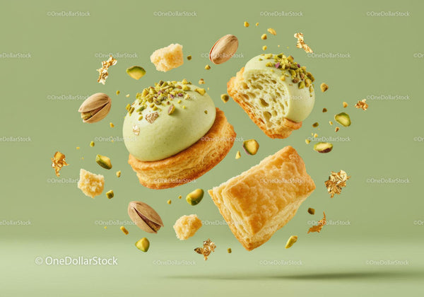 Delicate pistachio pastry with cream and nuts