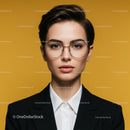 Professional Woman Wearing Glasses in Business Attire on Yellow Background