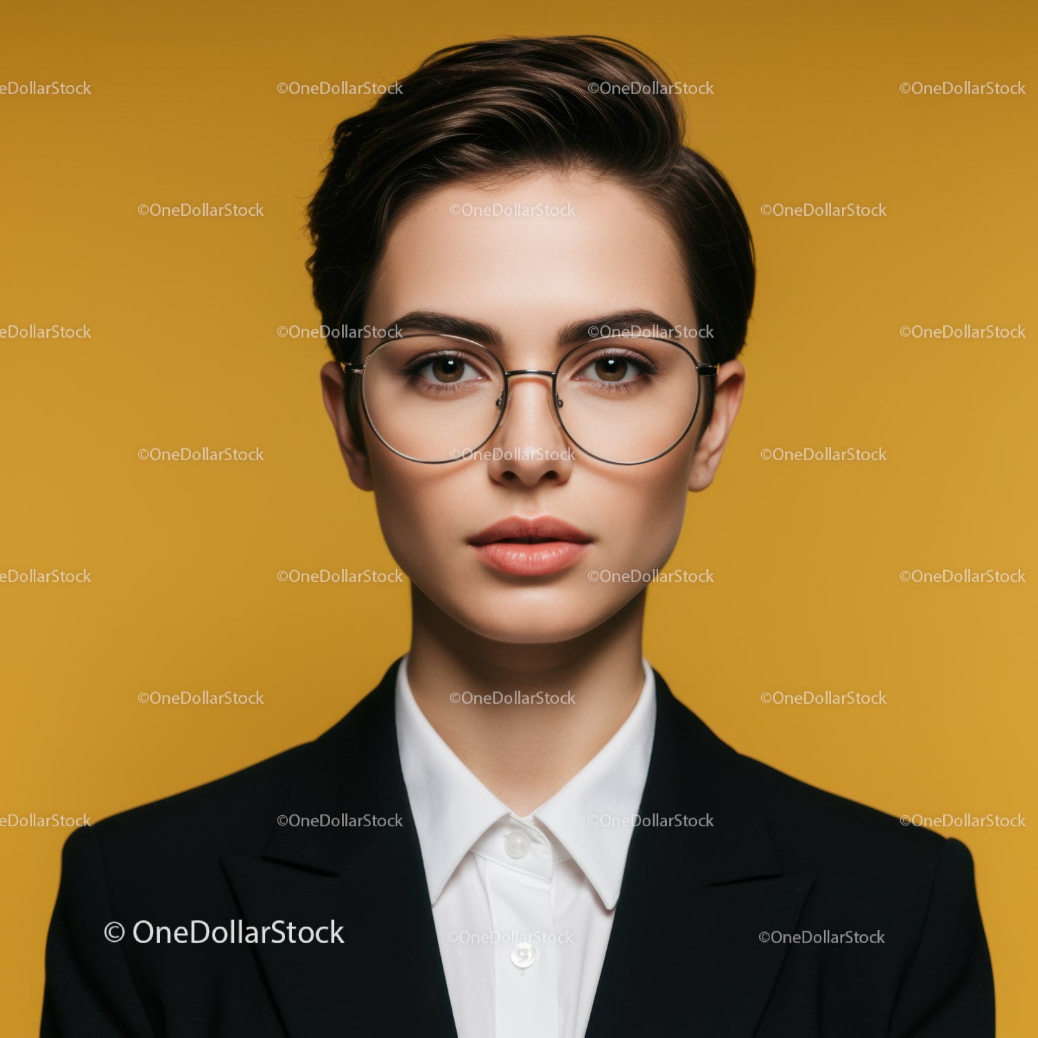 Professional Woman Wearing Glasses in Business Attire on Yellow Background