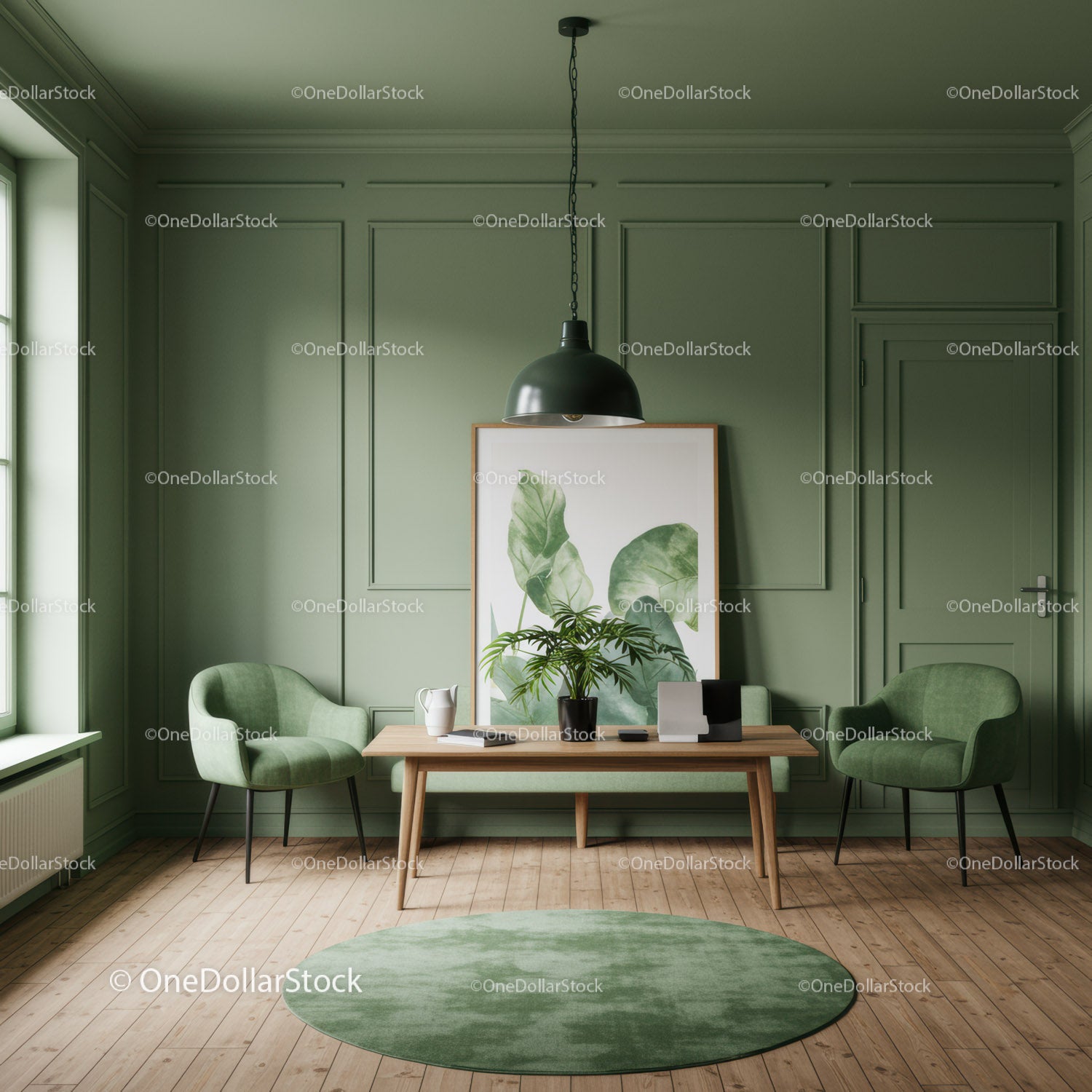 Green Interior with Potted Plant and Artistic Wall Decor for Modern Space