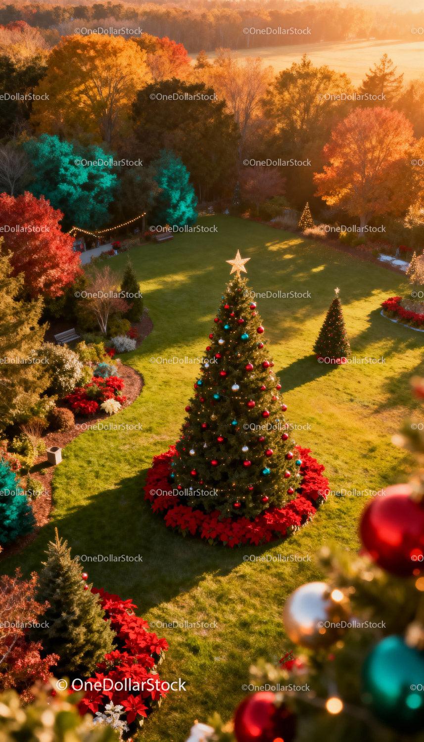 Decorated Christmas Trees in Autumn Park at Sunset