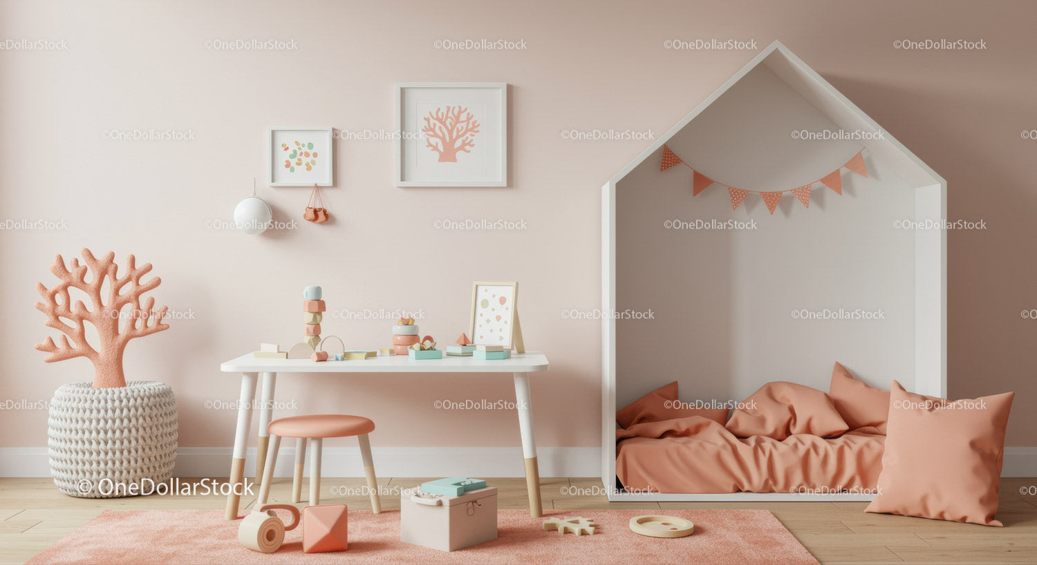 Cute Kids Bedroom with Coral Tree Wall Art and Play Nook