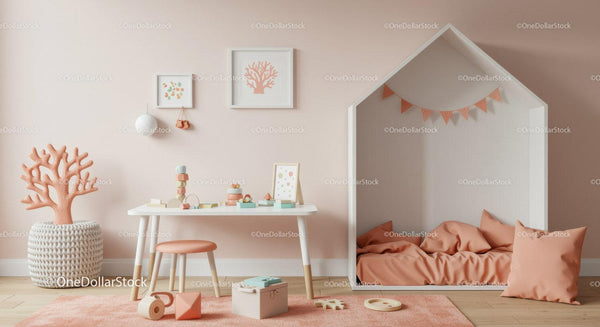 Cute Kids Bedroom with Coral Tree Wall Art and Play Nook