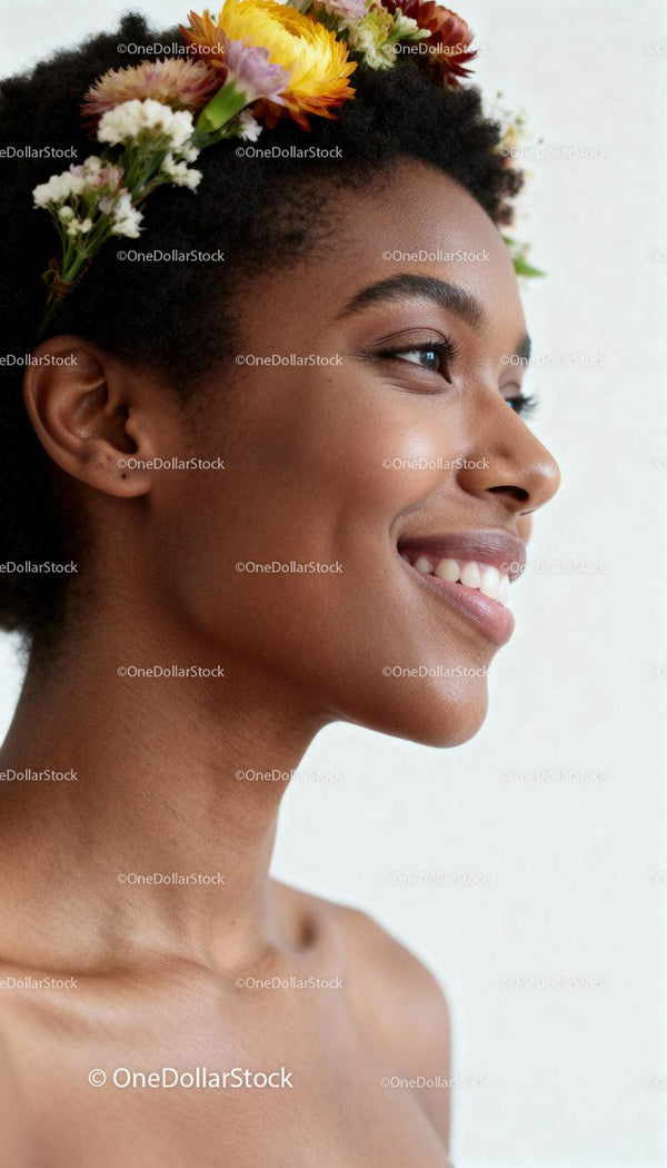 Uśmiechnięta kobieta z naturalnym afro i kwiatową koroną
