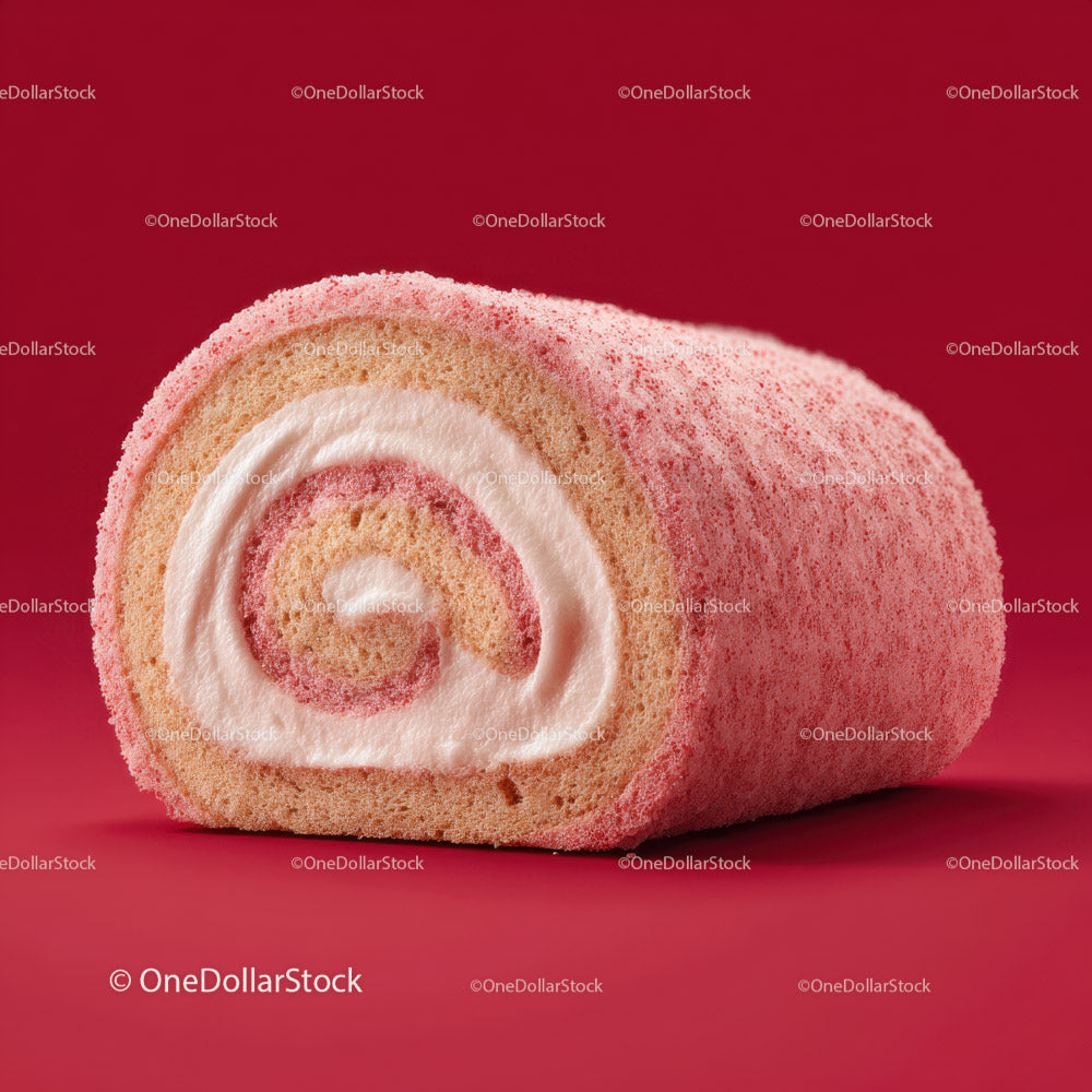 Pink Velvet Cake Roll with Cream Filling in Bright Red Background
