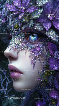 Surreal Woman with Vibrant Blue Eye and Mystical Floral Face Art