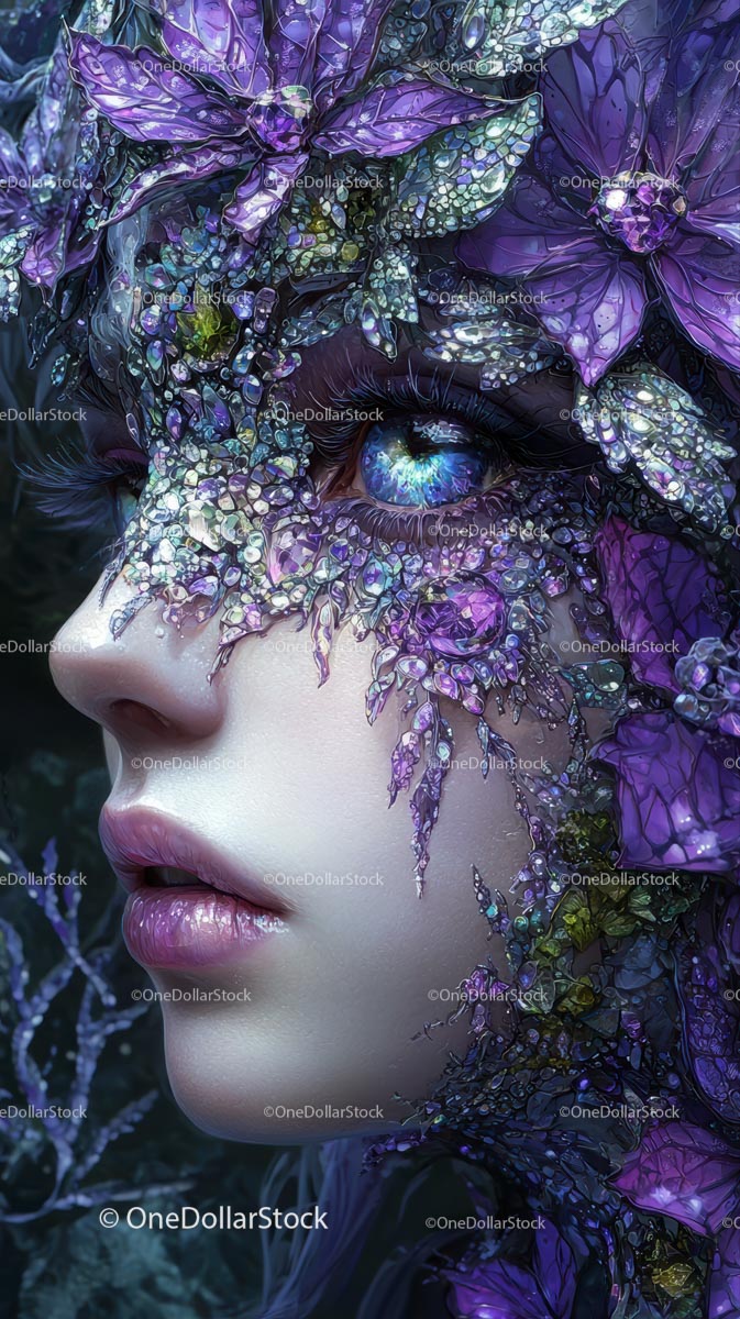 Surreal Woman with Vibrant Blue Eye and Mystical Floral Face Art