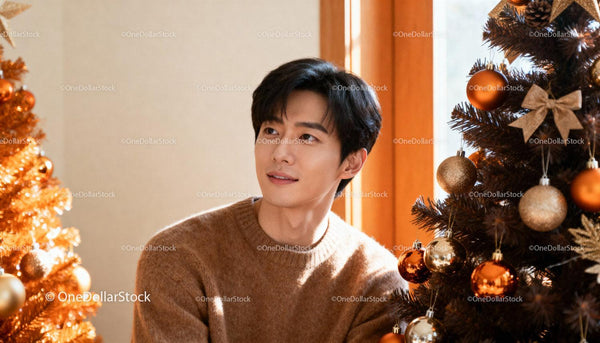 Young man enjoying cozy moment by Christmas tree