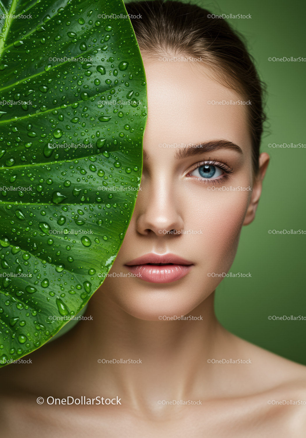 Portrait of a Young Woman with Blue Eyes and Green Background