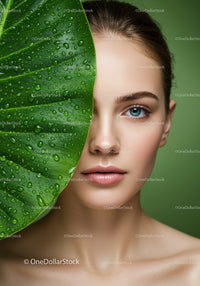 Portrait of a Young Woman with Blue Eyes and Green Background