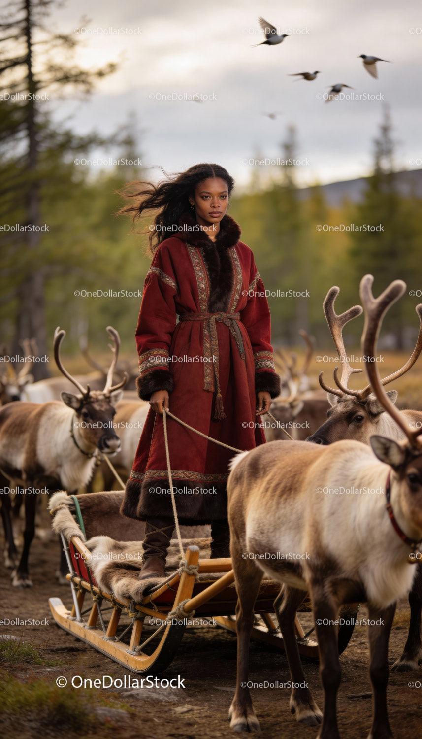 Woman in Traditional Coat Standing on Reindeer Sled