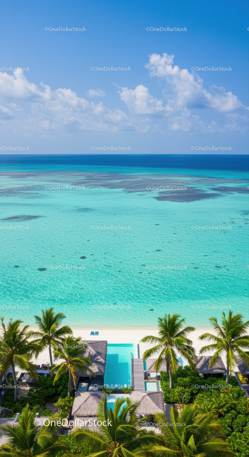 Aerial View of Tropical Beachside Luxury Resort with Water Villas