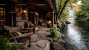 Rustic Riverside Cabin with Stone Fireplace Surrounded by Autumn Foliage
