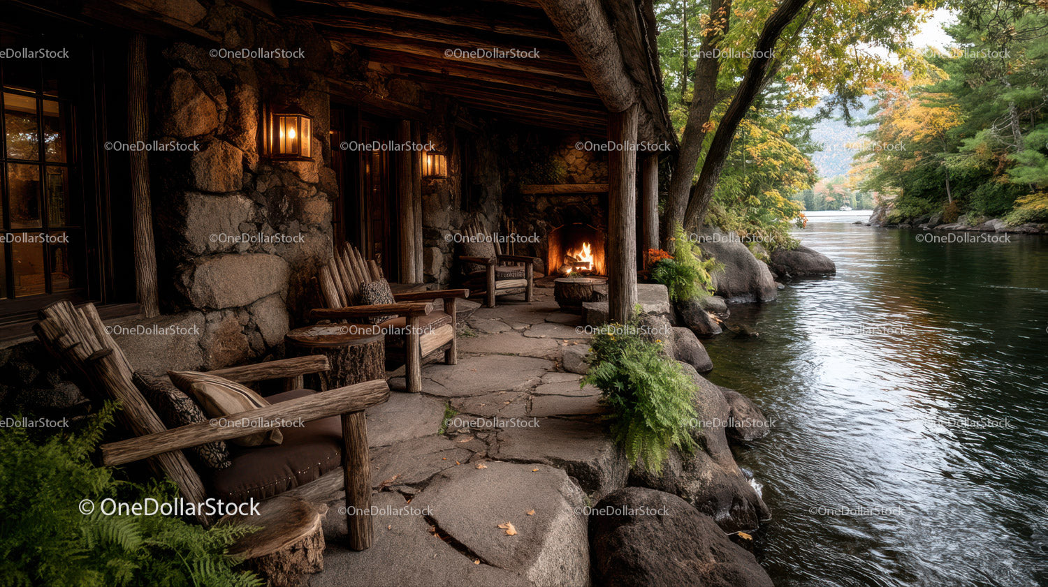 Rustic Riverside Cabin with Stone Fireplace Surrounded by Autumn Foliage