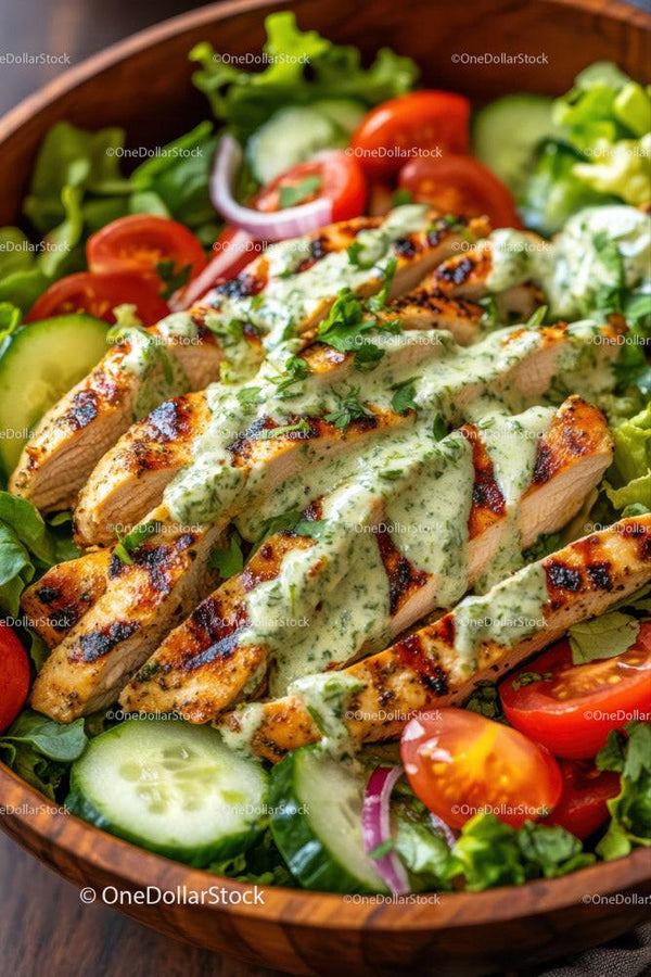 Świeża Sałatka z Grillowanym Kurczakiem, Ziołowym Dressingiem i Warzywami
