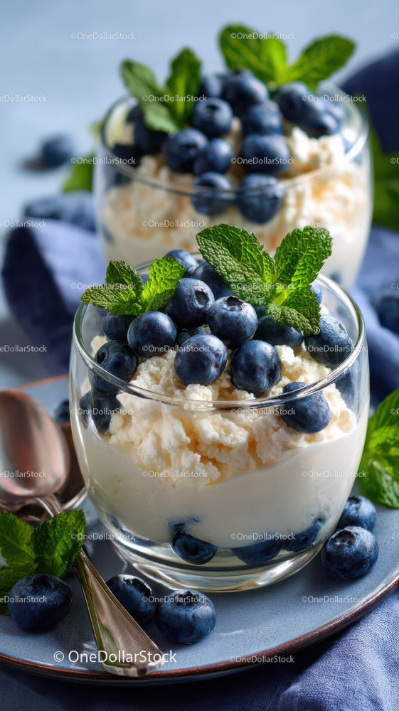 Blueberry and Mint Dessert in Glass Bowls with Fresh Fruit