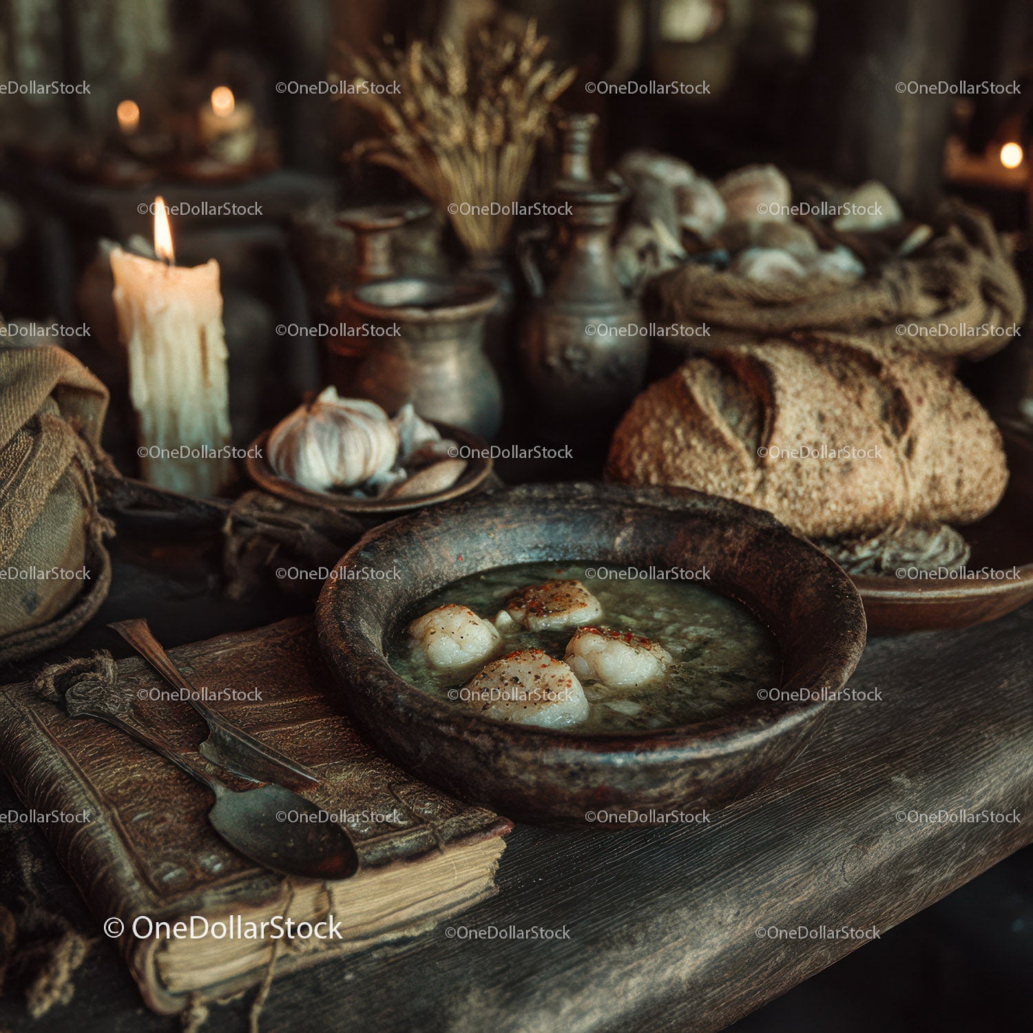 Rustic Kitchen Scene with Dried Herbs Garlic Bread and Candle Light