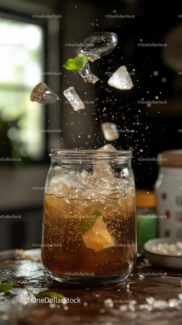 Falling Ice Cubes Splashing into a Glass Jar of Cold Fizzy Drink
