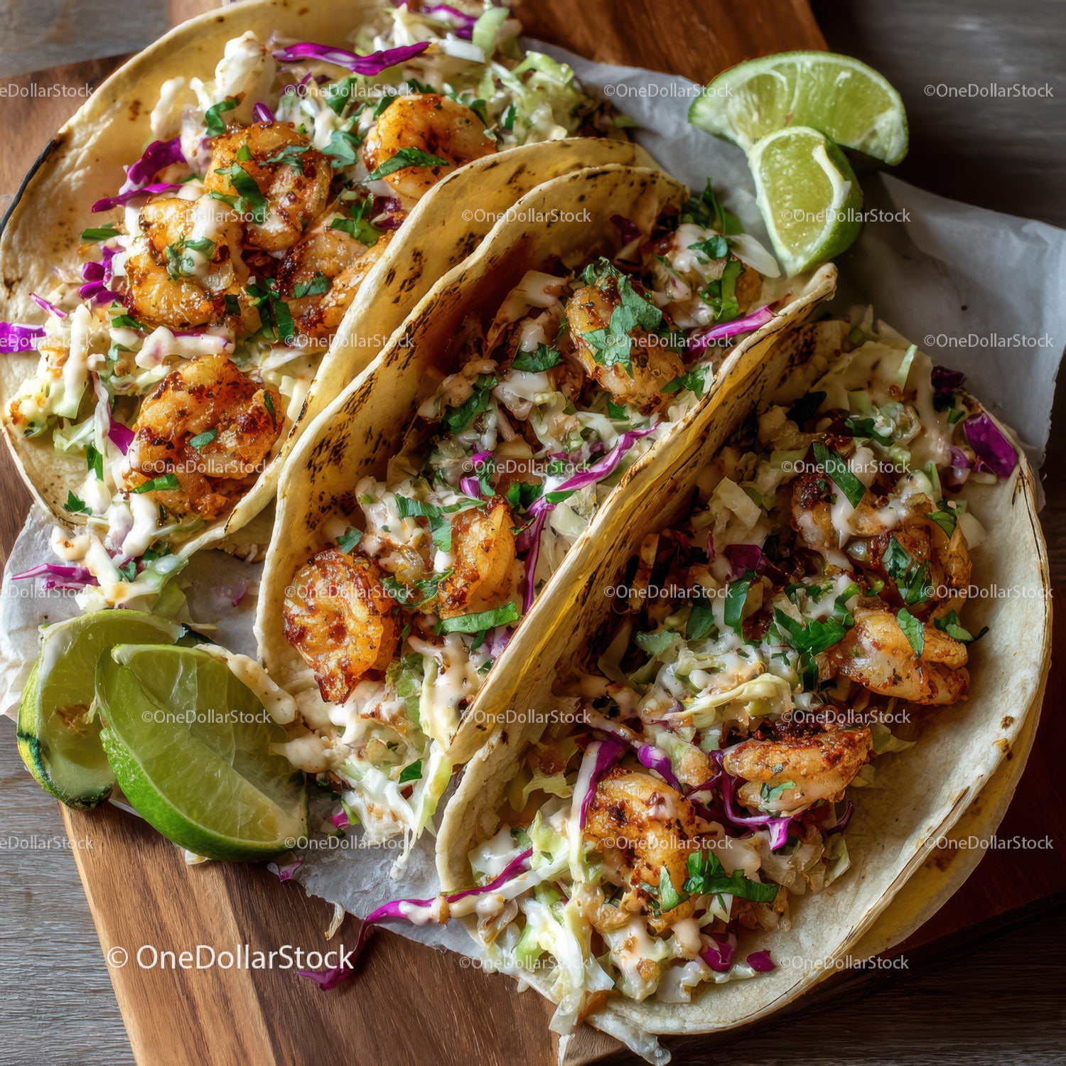 Tacos z grillowaną rybą, poszatkowaną kapustą i ćwiartkami limonki