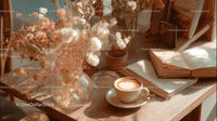 Dried Flowers in Amber Jar with Coffee and Open Book
