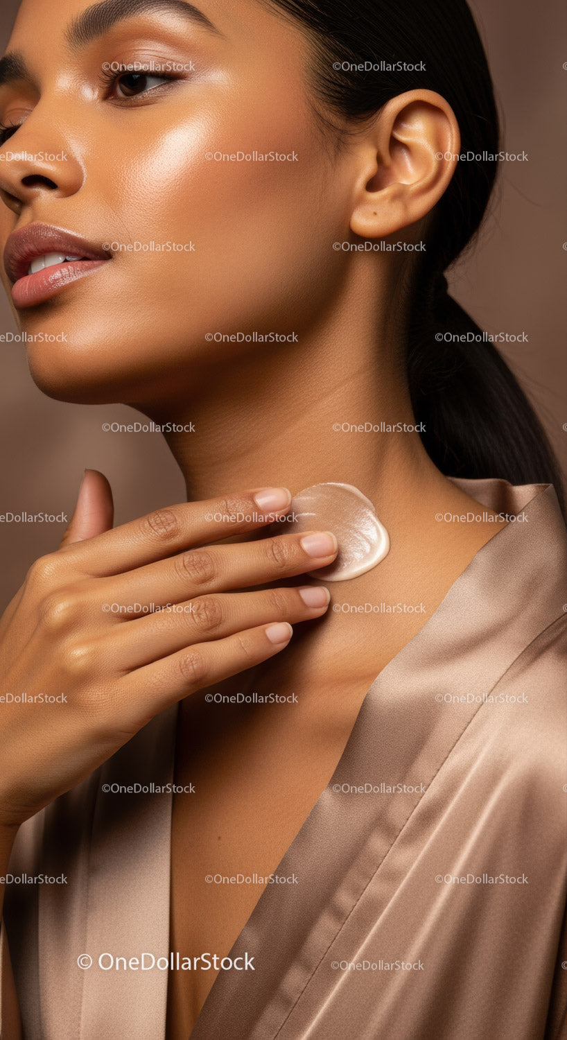 Close-up of a Woman with Glowing Skin and Pearl Skincare Product
