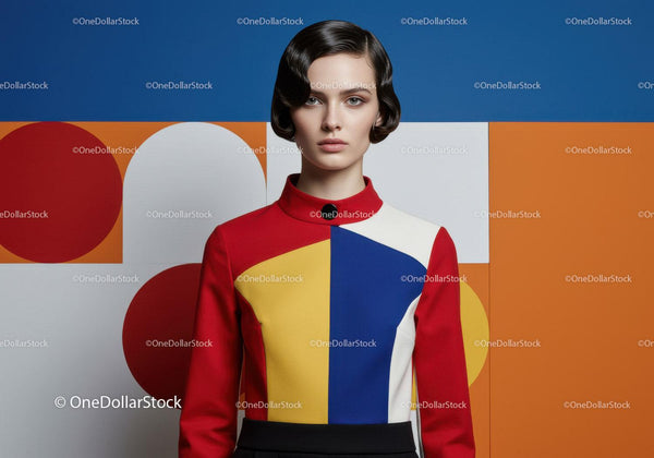 Woman in Colorful Geometric Retro Inspired Dress