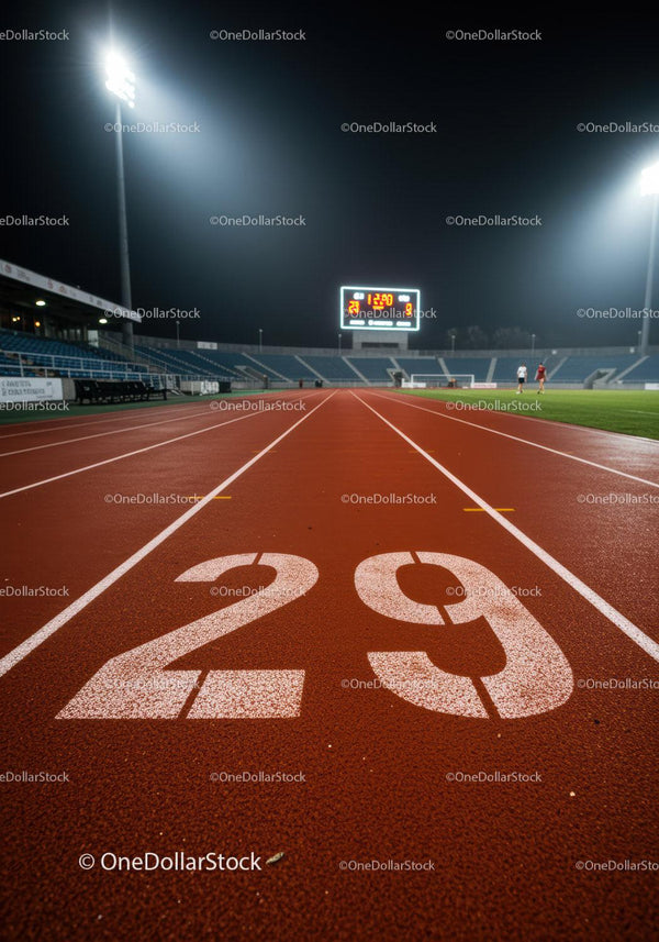 Empty nighttime running track lane 29 under stadium lights