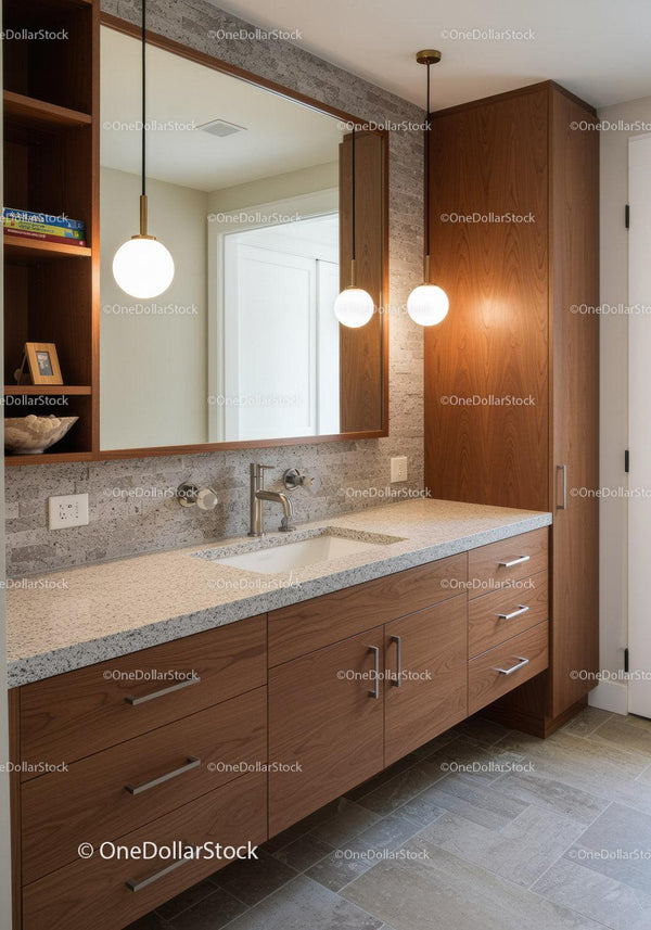 Modern Wooden Vanity Bathroom with Pendant Lights and Granite Countertop