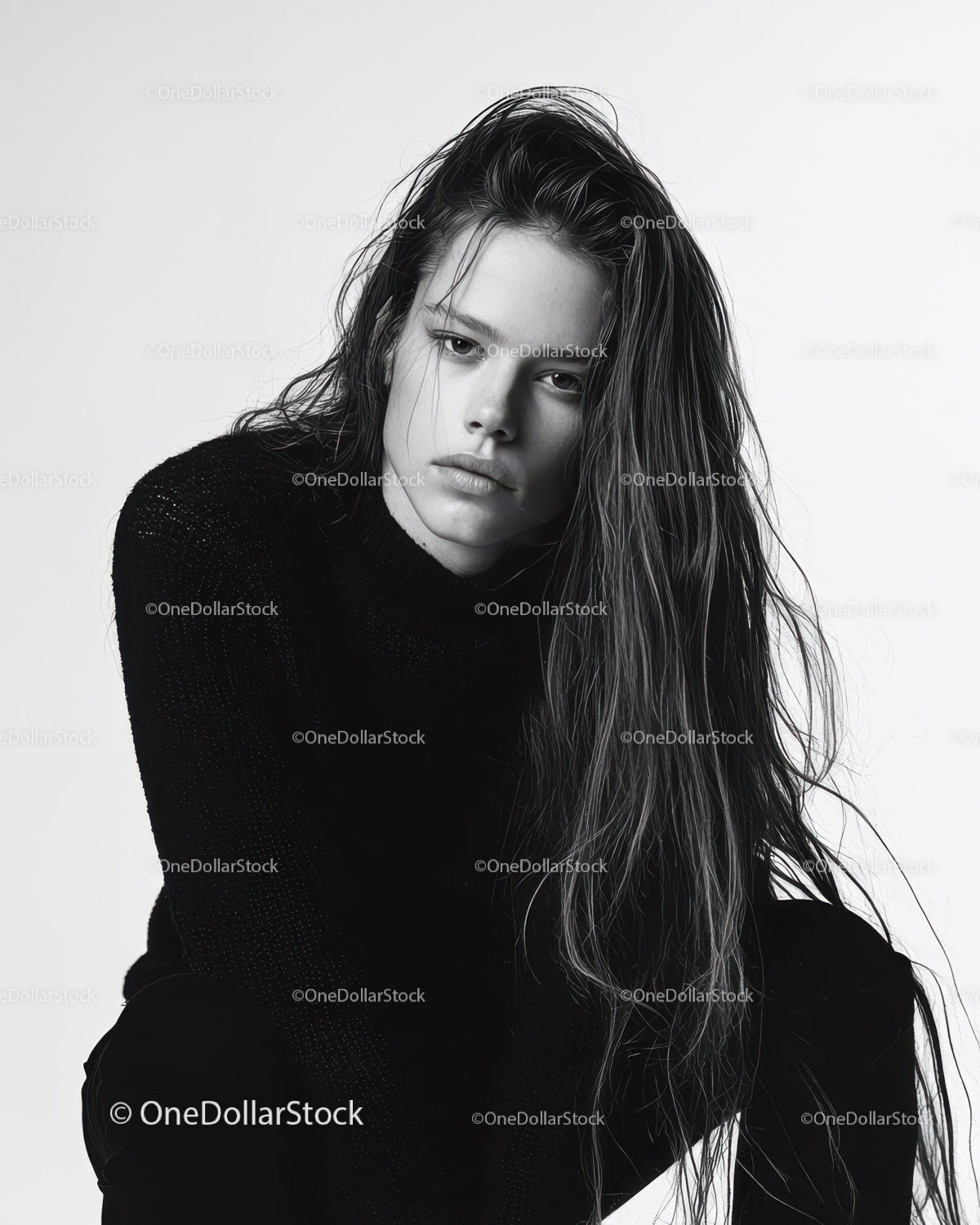 Black and White Portrait of Young Woman with Long Hair in Artistic Style