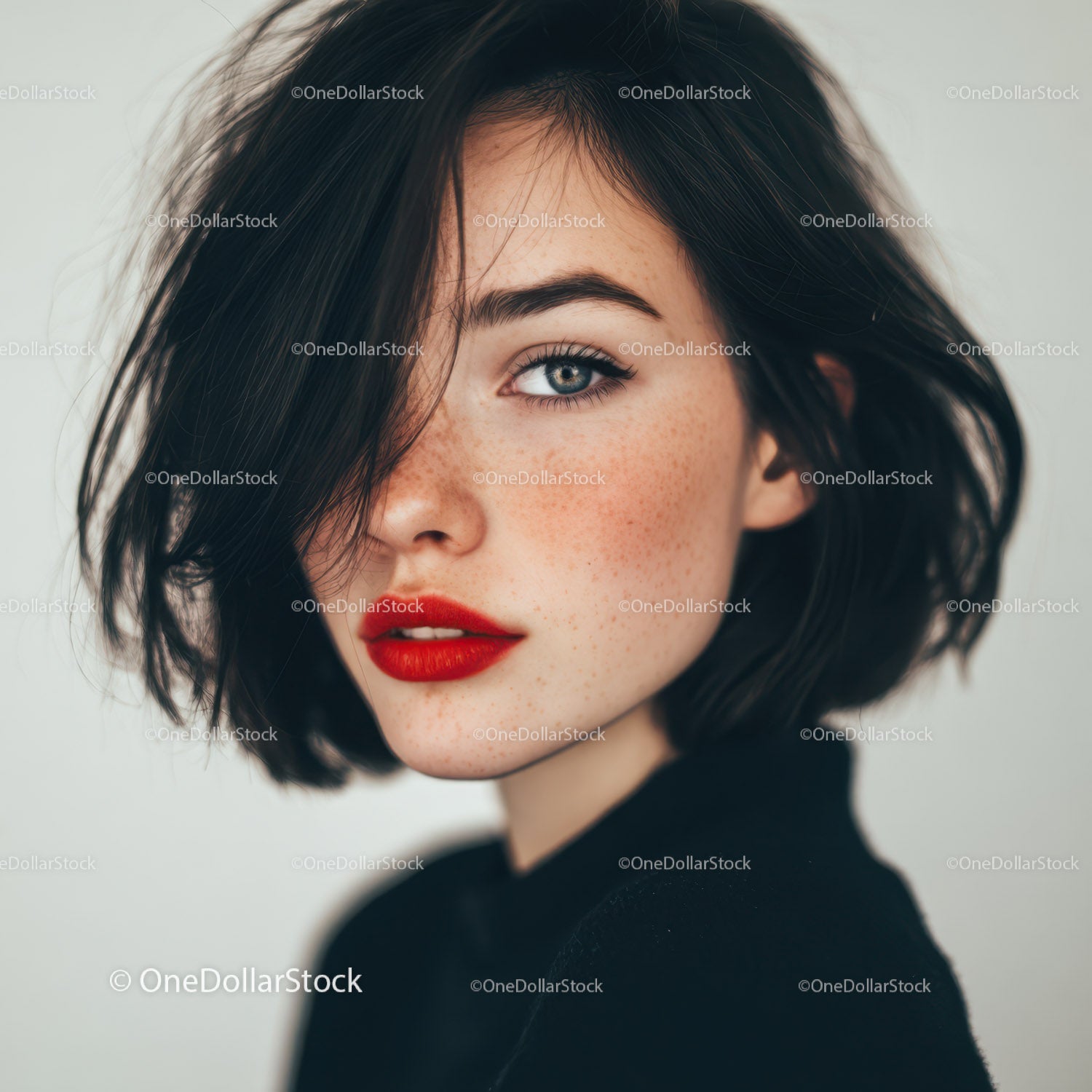 Beautiful Woman with Freckles and Red Lipstick in Modern Portrait
