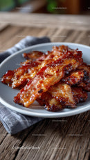 Crispy Glazed Bacon Strips on White Bowl for Breakfast or Snack