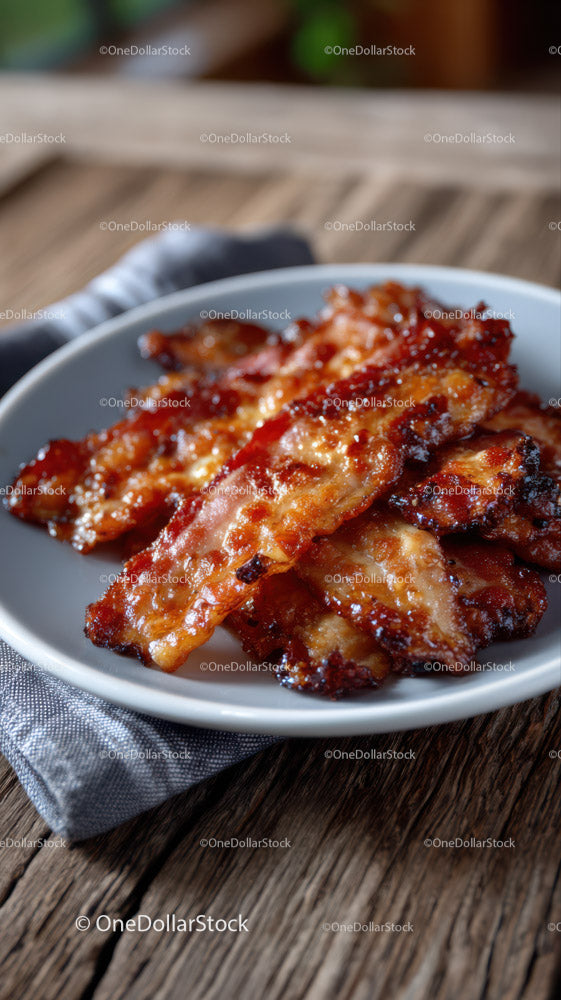 Crispy Glazed Bacon Strips on White Bowl for Breakfast or Snack