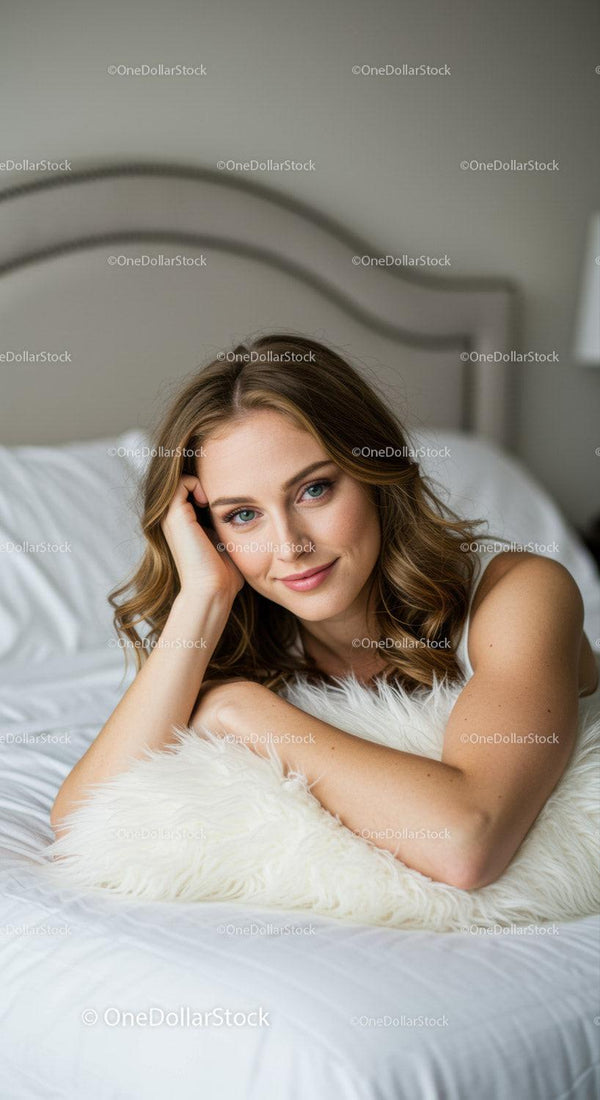 Young woman relaxing on bed with soft pillow
