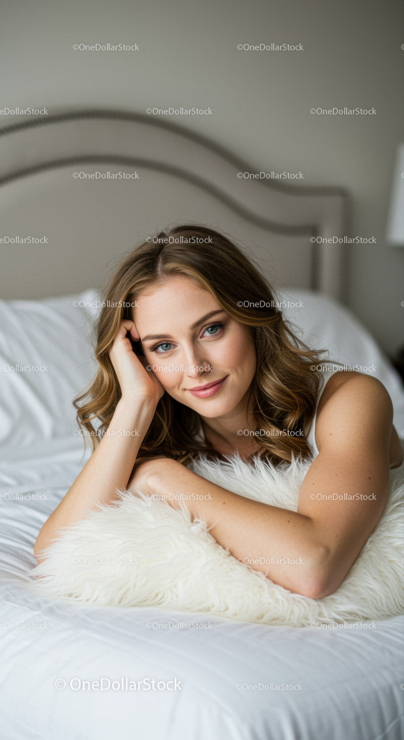 Young woman relaxing on bed with soft pillow