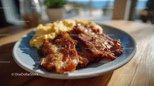Close-Up of Crispy Bacon and Fluffy Scrambled Eggs on a Plate