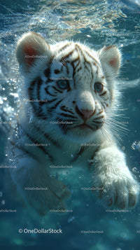 White tiger cub swimming underwater with piercing blue eyes