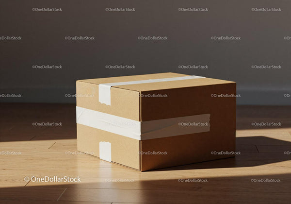 Sealed cardboard box on wooden floor with natural light JPG Mockup Image
