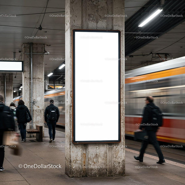 Blank vertical billboard in busy urban train station JPG Mockup Image