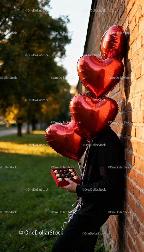 Person Holding Heart Balloons and Chocolate Gift on Street