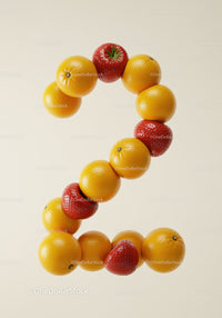 Number two shaped from fresh oranges and strawberries