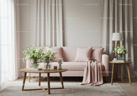 Cozy pastel living room with floral accents and soft lighting