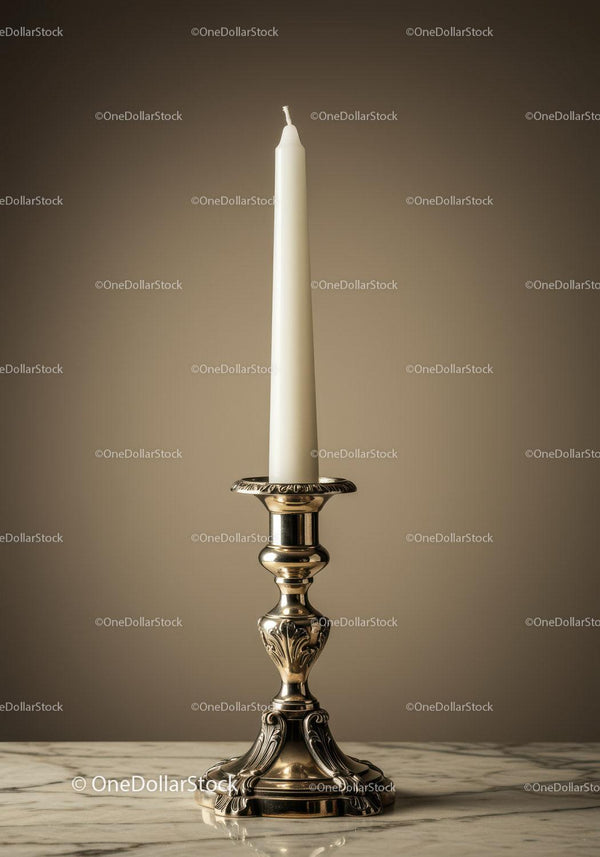 Elegant Silver Candlestick with White Candle on Marble Table