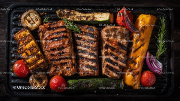 Grilled Meat and Vegetable Platter with Fresh Herbs and Cherry Tomatoes