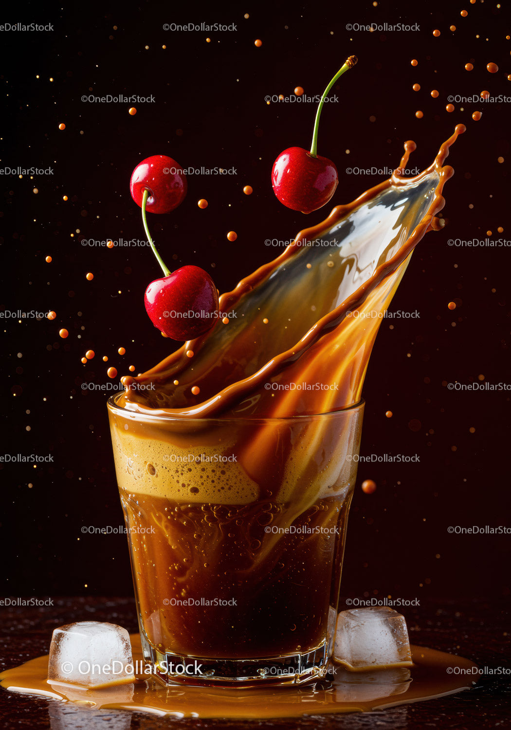 Splash of iced coffee with fresh cherries and ice cubes